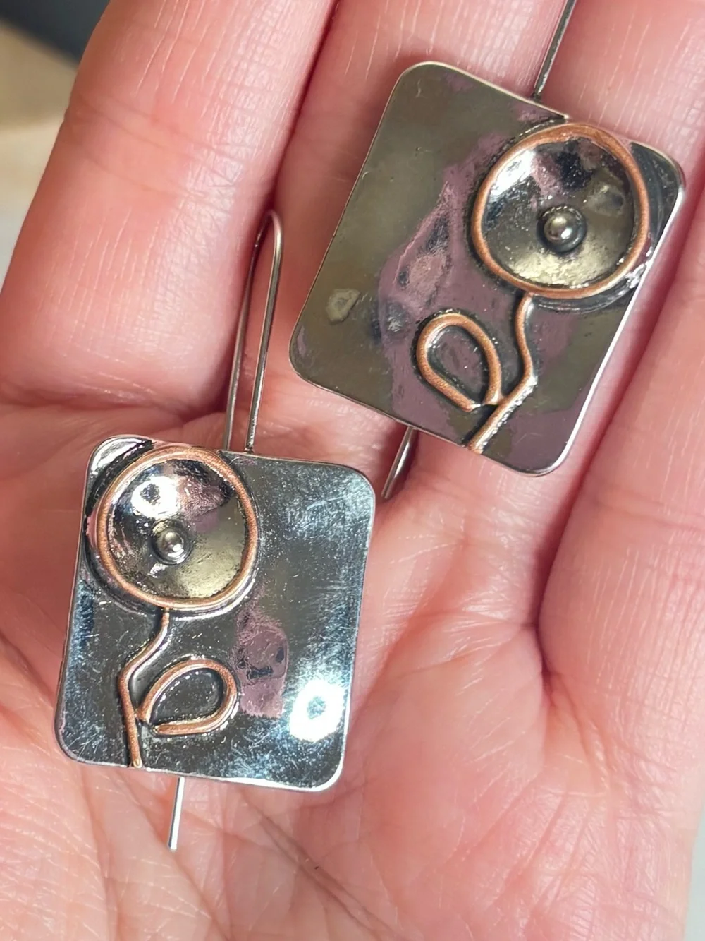 Modern Mixed Metal Flower Dangle Earrings - Silver & Copper Tone